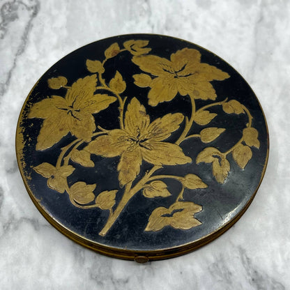 Antique Rex Fifth Avenue 4" Flapjack Compact Brass Floral Black Enamel TJ4