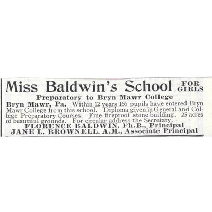 Miss Baldwin's Preparatory School Bryn Mawr College PA - 1903 Ad AK5-S29