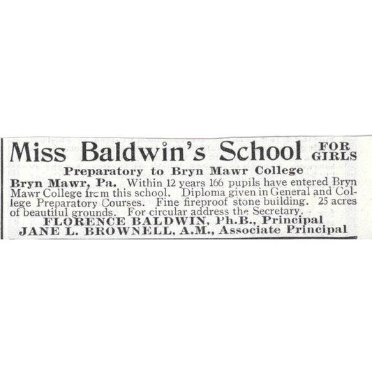Miss Baldwin's Preparatory School Bryn Mawr College PA - 1903 Ad AK5-S29