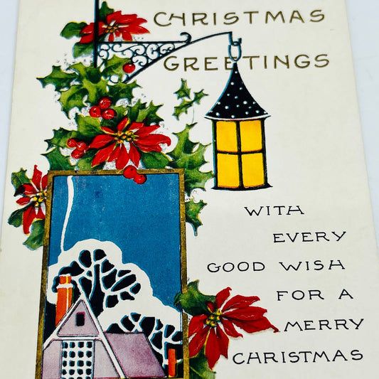 1910s Christmas Post Card Embossed Cottage Holly Poinsettia Lantern Whitney PA4