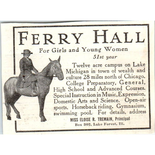 c1920 Harper's Ad - Ferry Hall for Girls Eloise R. Tremain Lake Forest EA3