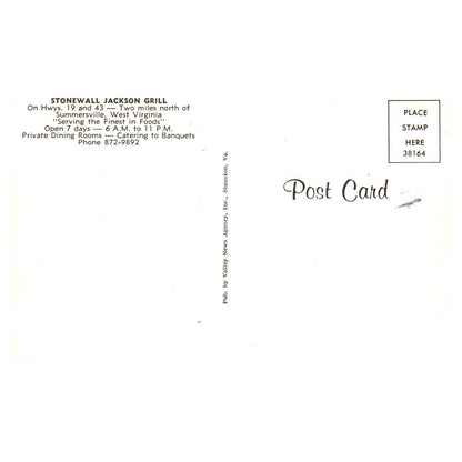 Vintage Postcard - Stonewall Jackson Grill Summersville West Virginia AD9