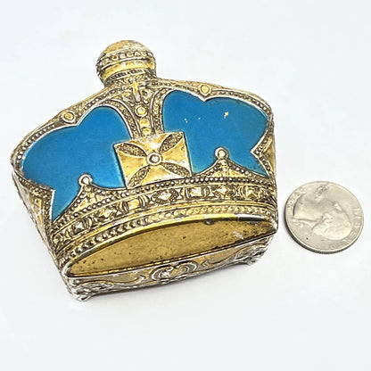 Vintage Ornate Victorian Gold Tone Blue Enamel Trinket Box Crown Shaped 2” TF5