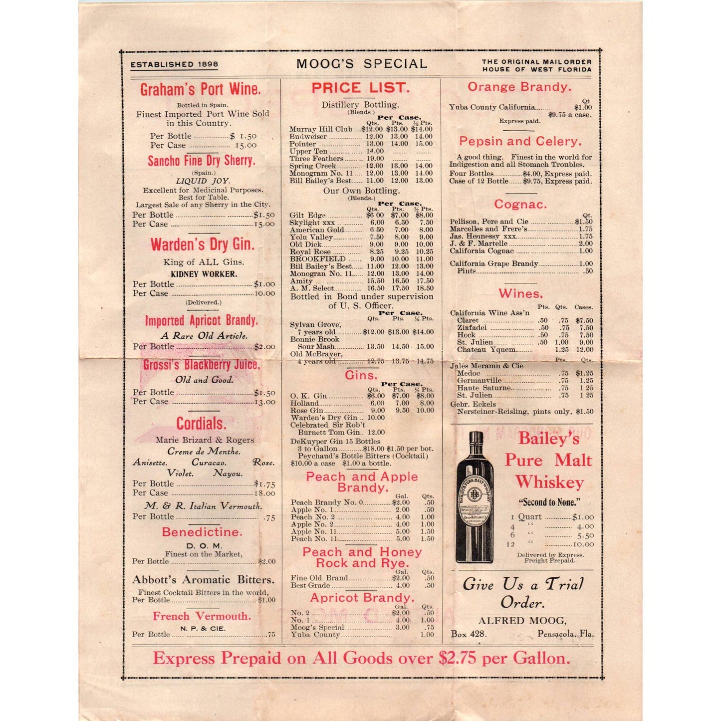 c1900 Alfred Moog's Special Mail Order Liquor Catalog Leaflet Pensacola FL AD6