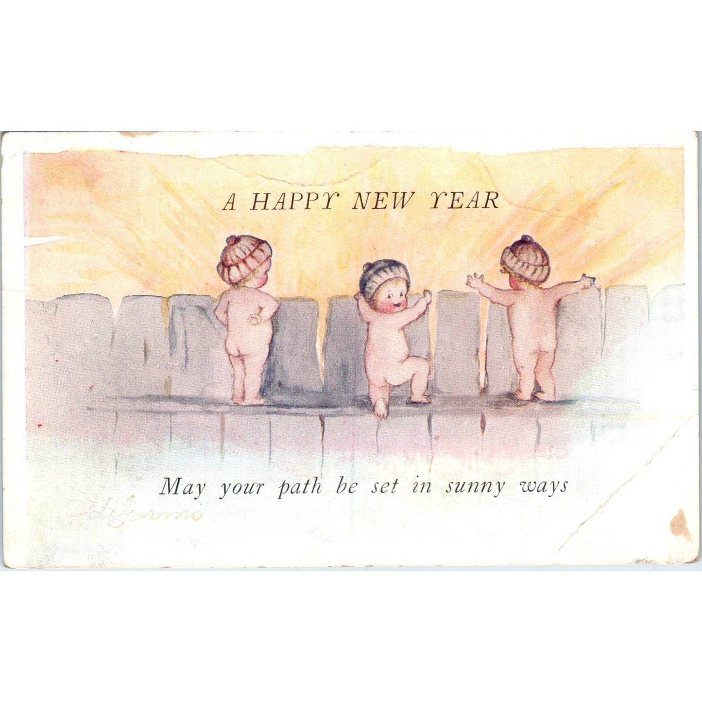 1922 New Year - Babies on Fence - Original Postcard TJ9-P1