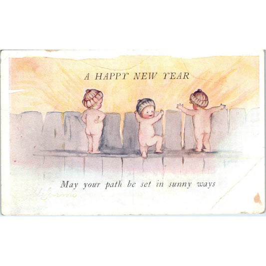1922 New Year - Babies on Fence - Original Postcard TJ9-P1