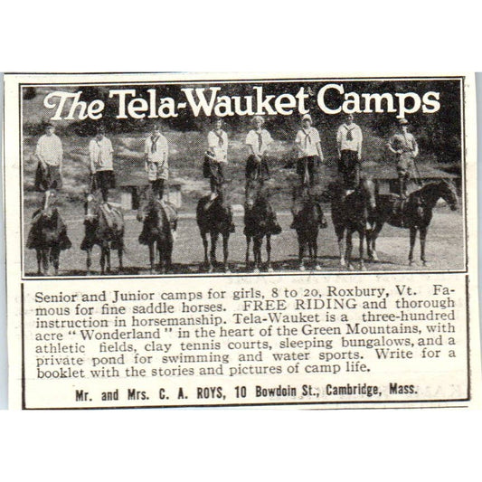 c1920 Harper's Magazine Ad - The Tela-Wauket Camps C.A. Roy Cambridge MA EA3