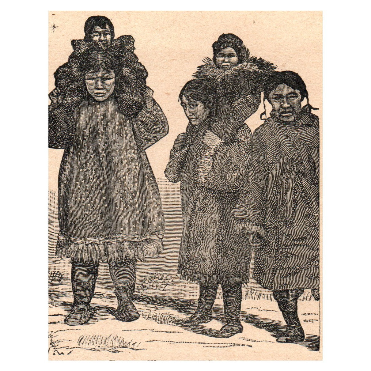 Eskimo Women and Children 3x4" Original Engraving 1899 AK5-M28
