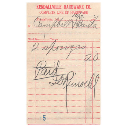 Antique Kendallville Hardware Co. Letterhead Receipt Campbell Banta Indiana AD8