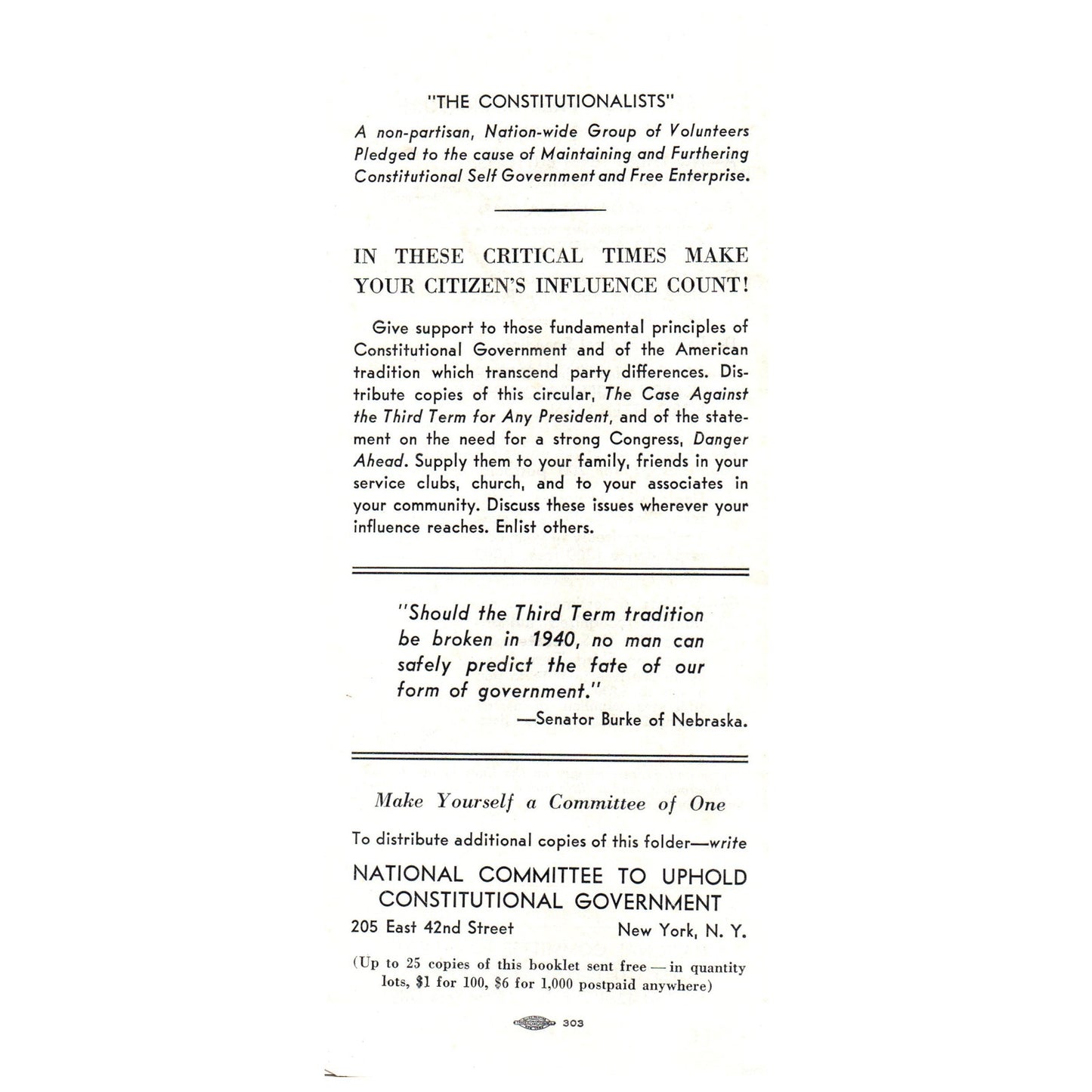Vtg Political Tract - Case Against 3rd Term for Any President Pettengill TH2-SF1