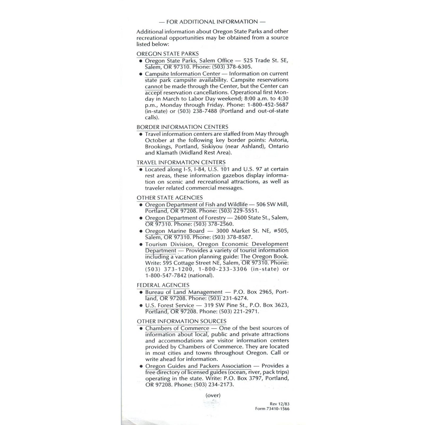 1984 Oregon State Parks General Fee Schedule Leaflet SF3