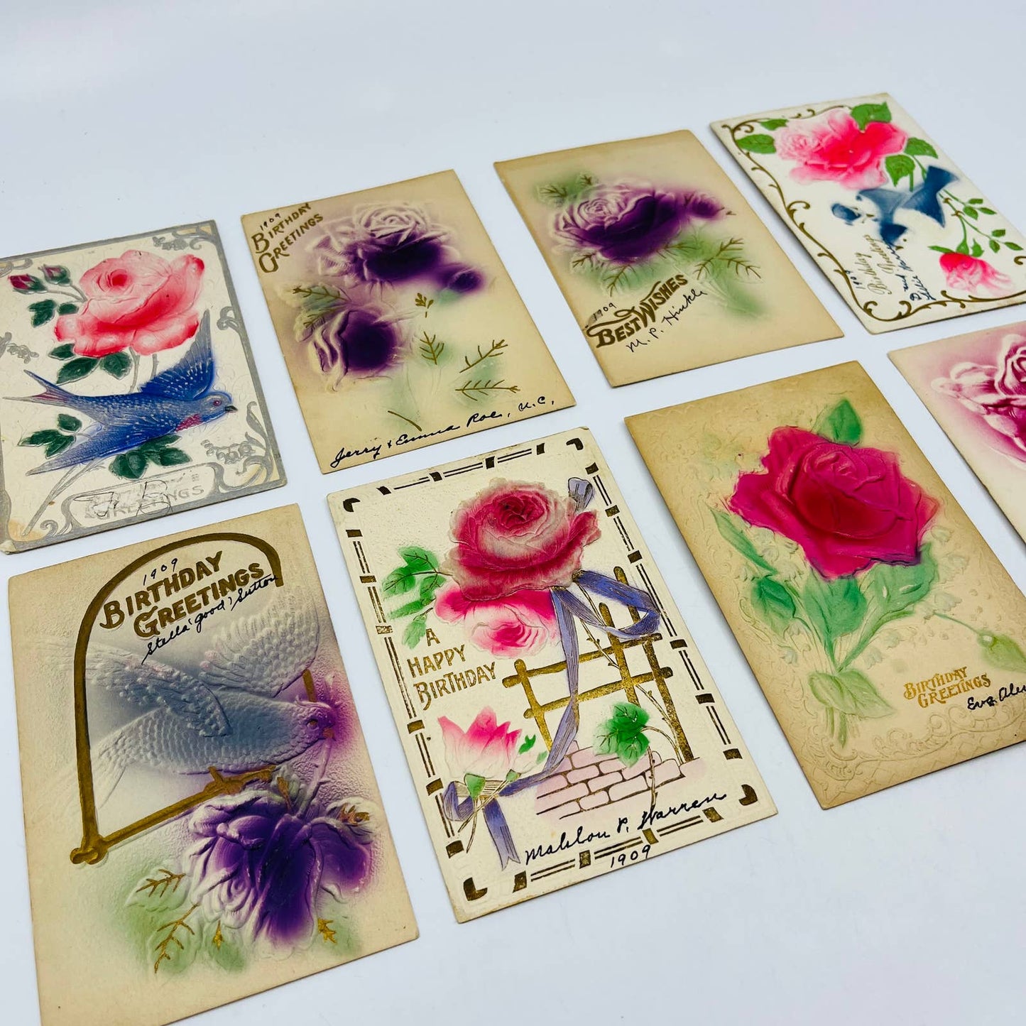 1910s Birthday Post Card Lot of 8 Airbrushed Floral Flower Embossed Cards TD1-AB