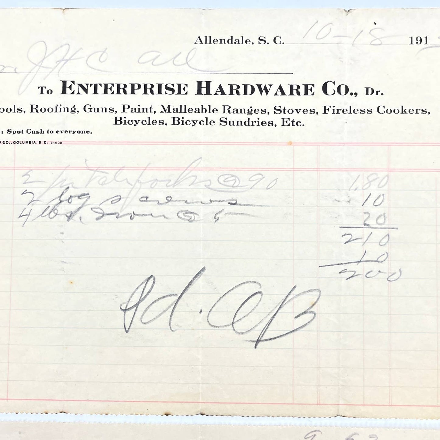 1913 Enterprise Hardware Co Letterhead Receipt Allendale SC Set of 2 AC3-2