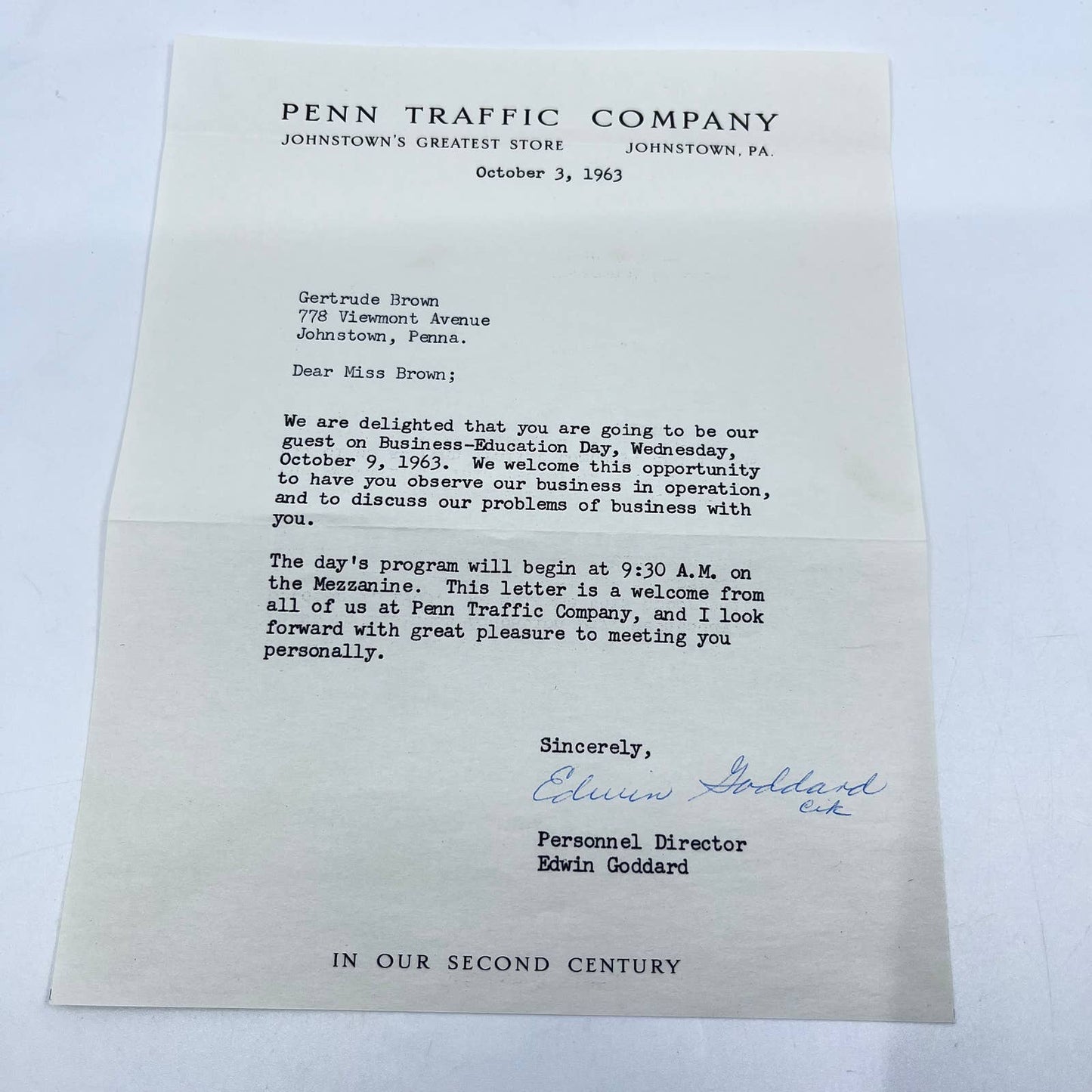 1963 Penn Traffic Company Letter & Envelope Set Gertrude Brown Johnstown PA AB2