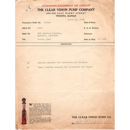 1929 Letterhead The Clear Vision Pump Company Wichita Kansas Gas Pump AD4