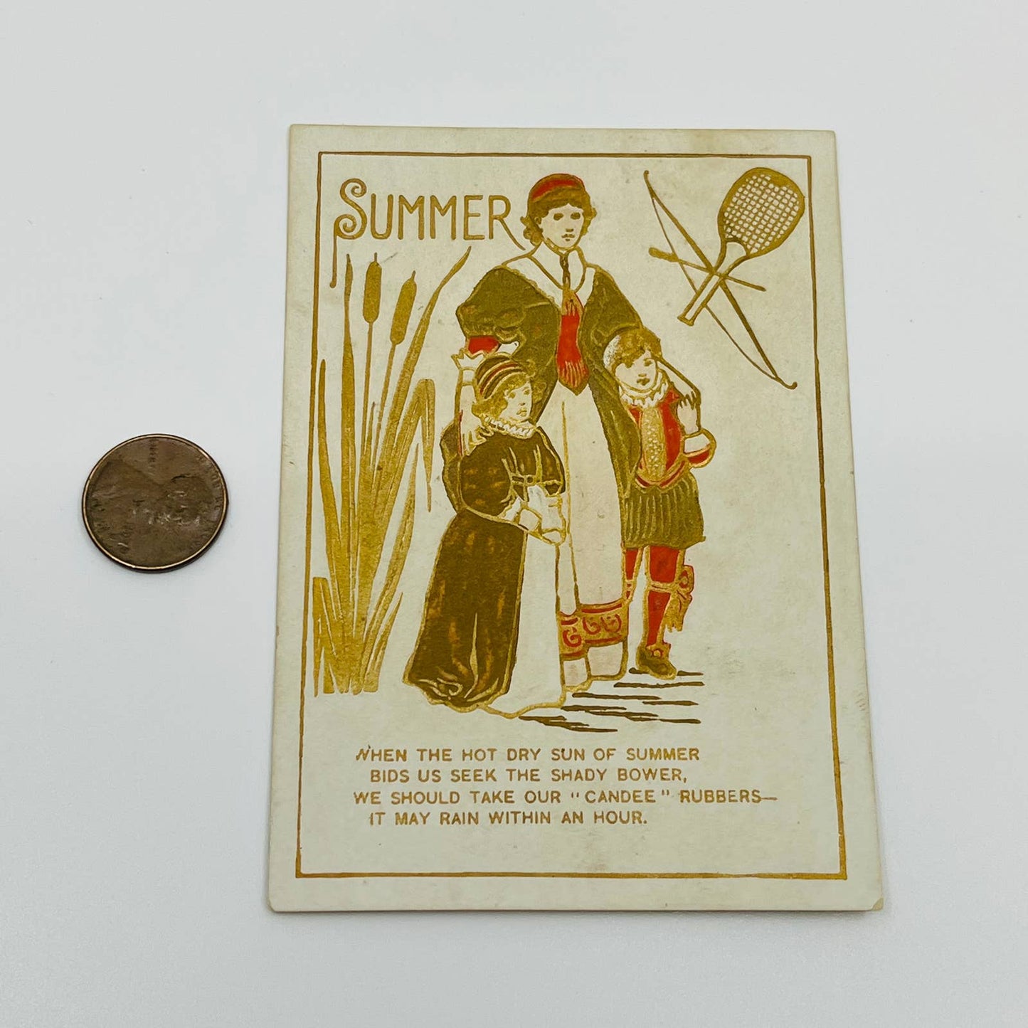 1880s Trade Card Summer Poem Dresden Embossed Candee Shoes & Rubbers AA2