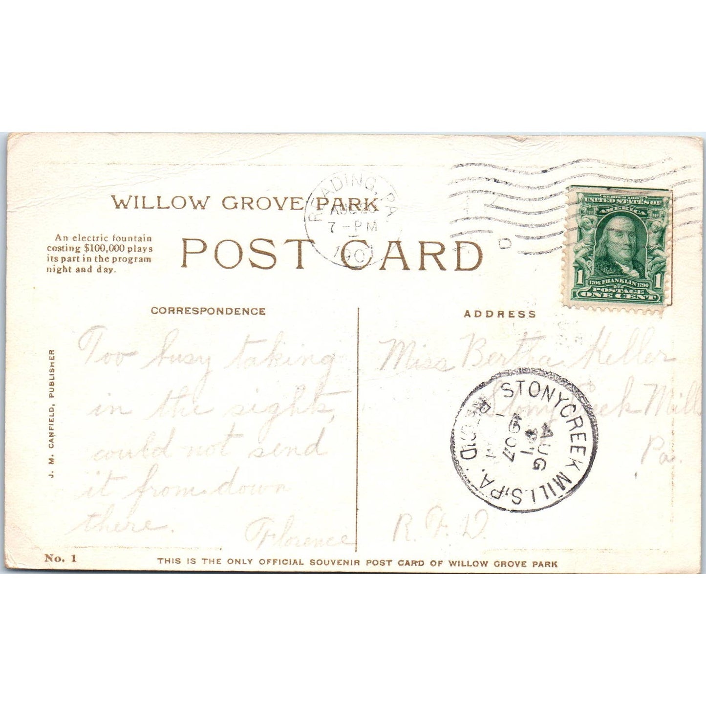 Willow Grove Park Lake & Fountain at Night 1907 - Original Postcard TJ9-P1
