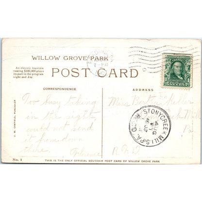 Willow Grove Park Lake & Fountain at Night 1907 - Original Postcard TJ9-P1