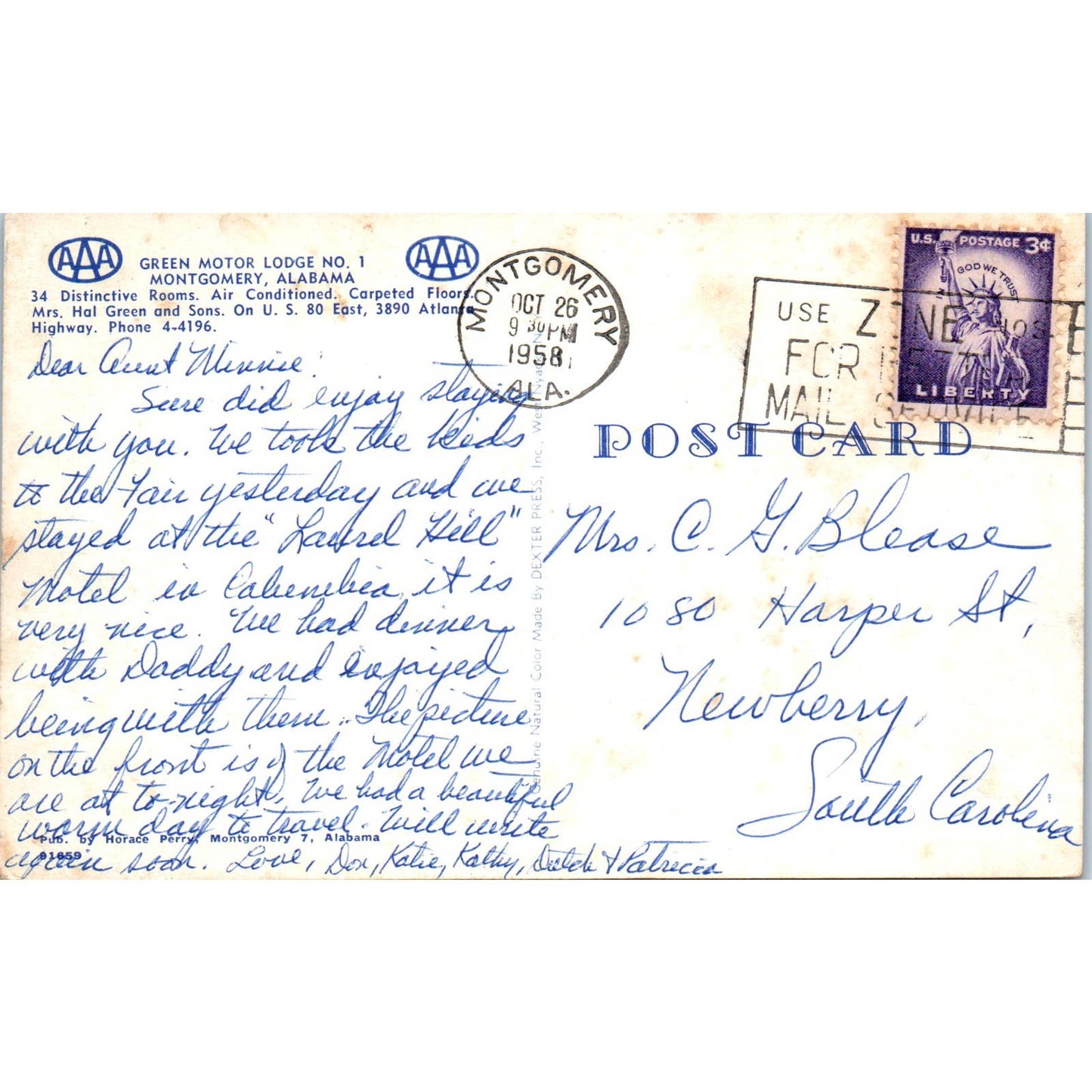 Green Motor Lodge Montgomery AL 1958 - Original Postcard TJ7-RP3