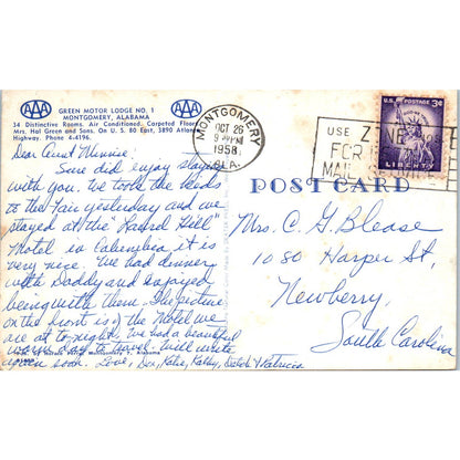 Green Motor Lodge Montgomery AL 1958 - Original Postcard TJ7-RP3