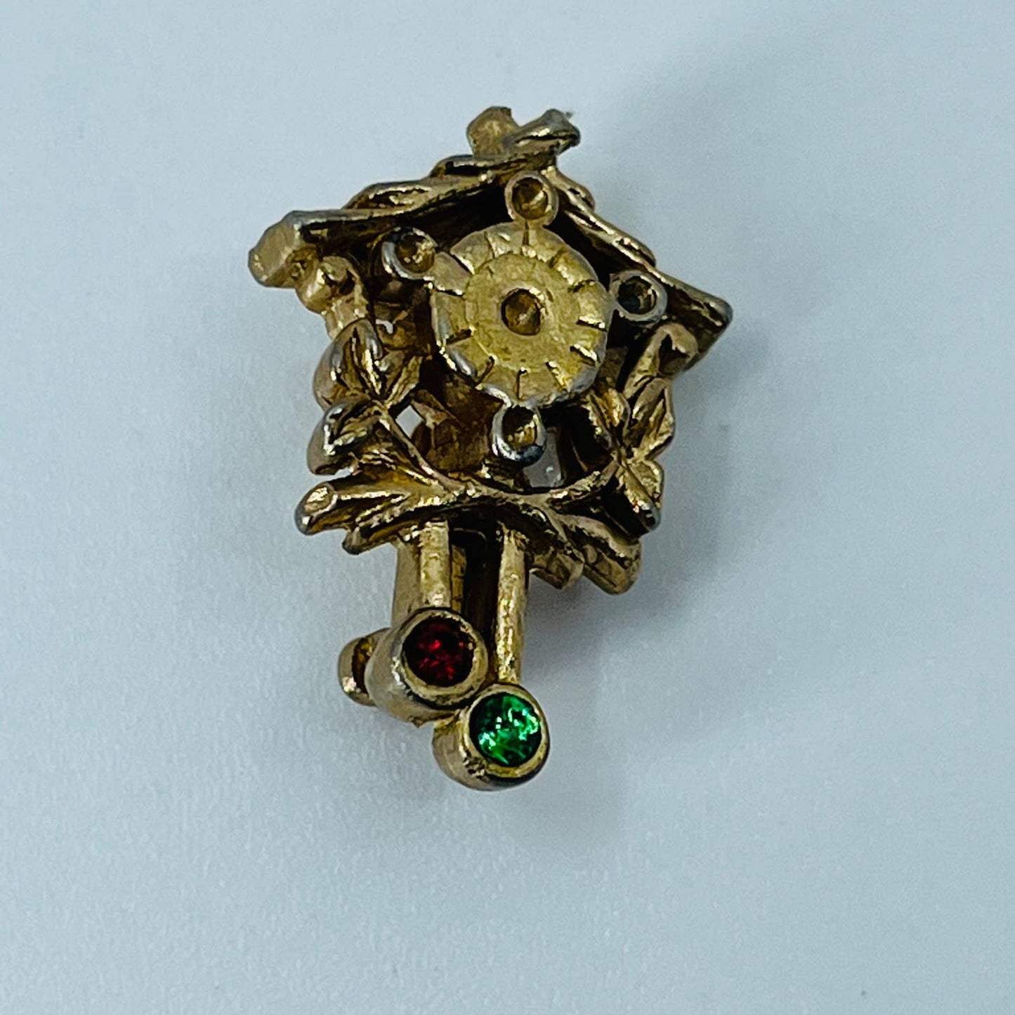 Vintage Tiny Cuckoo Clock With Rhinestone Gold Tone Pin Pinback Lapel Hat SB3