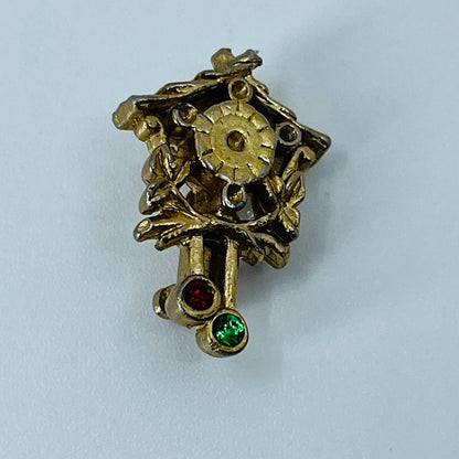Vintage Tiny Cuckoo Clock With Rhinestone Gold Tone Pin Pinback Lapel Hat SB3