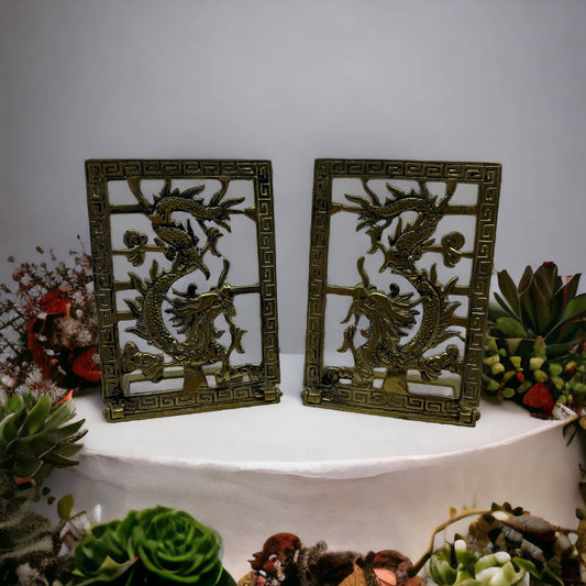 MCM Pair 2 Chinoiserie Dragon Brass Bookends 6x4" TK1