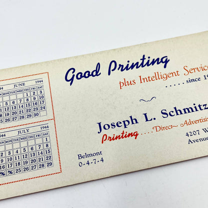 1940s Blotter Card White Calendar Joseph L. Schmitz Printing Chicago IL SC9