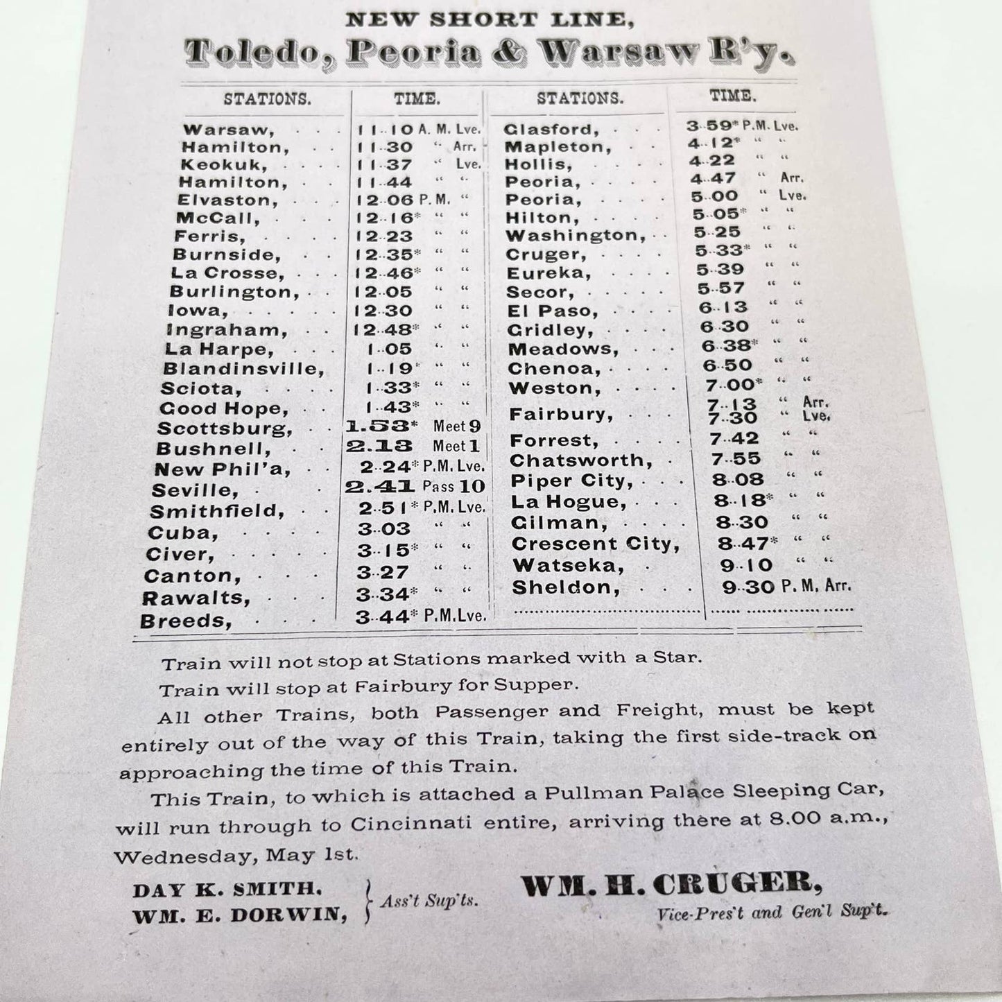 1872 Midland Route Time Table New Short Line Toledo Peoria & Warsaw Railway AB1