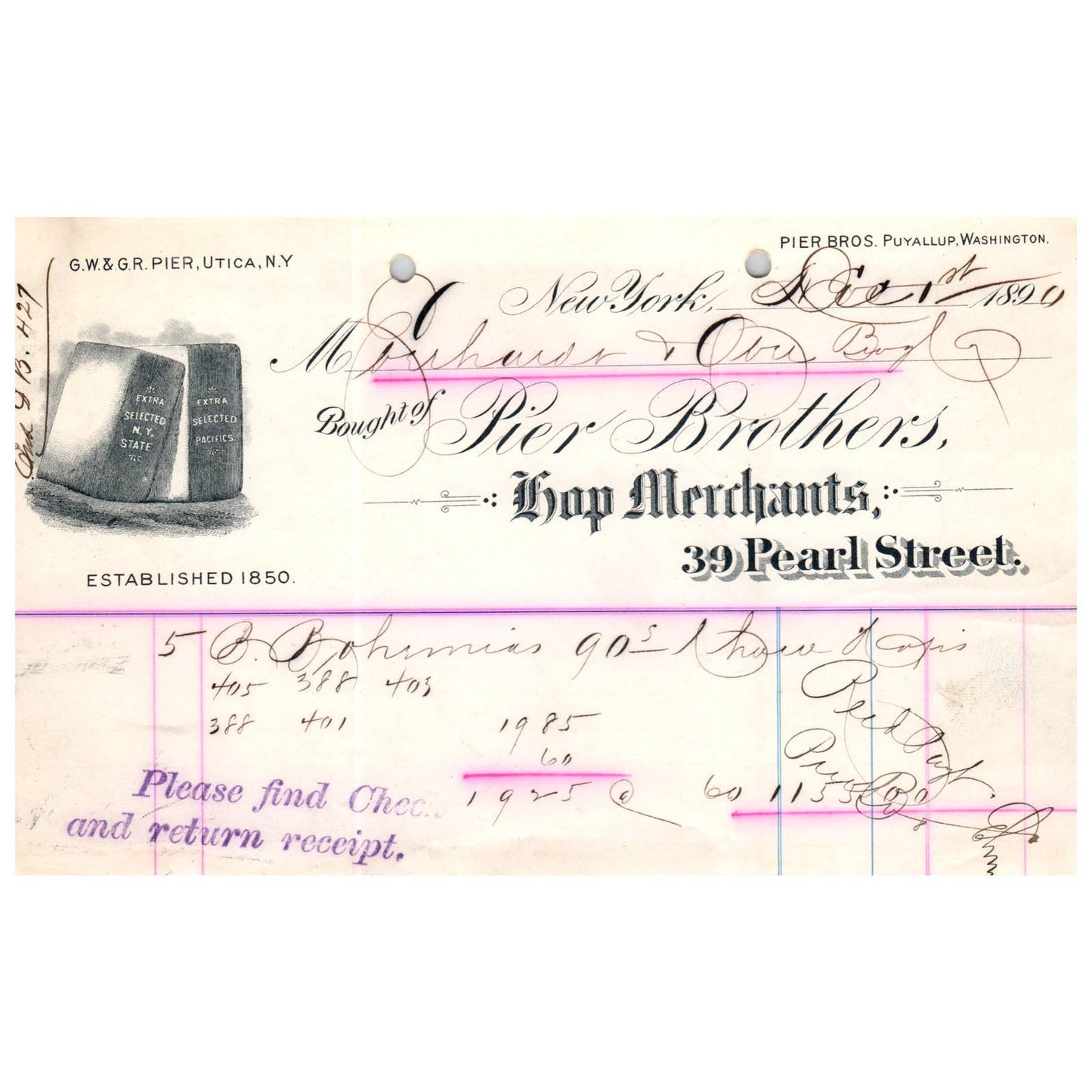 1890 Pier Brothers Hop Merchants Letterhead Billhead Puyallup WA AC9