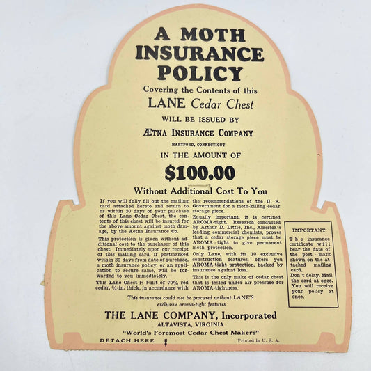 1939 Lane Cedar Chest Moth Insurance Card Insert and Mailing Card AA7