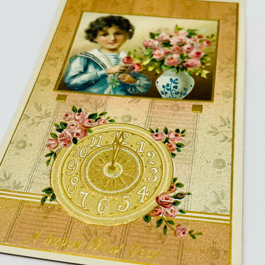 1910s Christmas New Year’s Post Card Raphael Tuck  lock Gilt Roses Embossed PA3