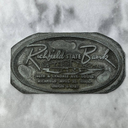 Vintage Letterpress Printers Block Plate Richfield State Bank Minneapolis SE828