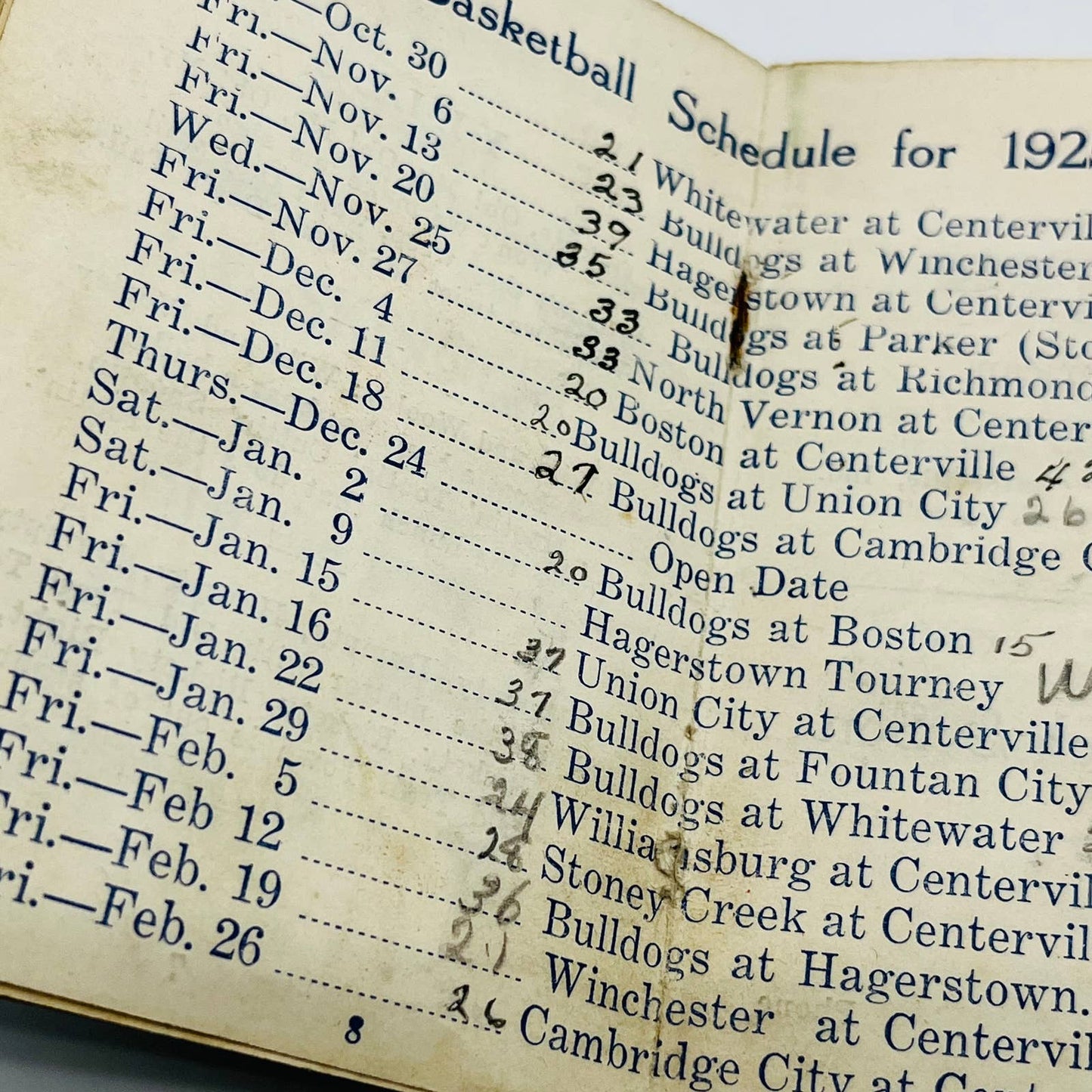 1925-26 Season Basketball Schedule Centerville Indiana High School Bulldogs C13