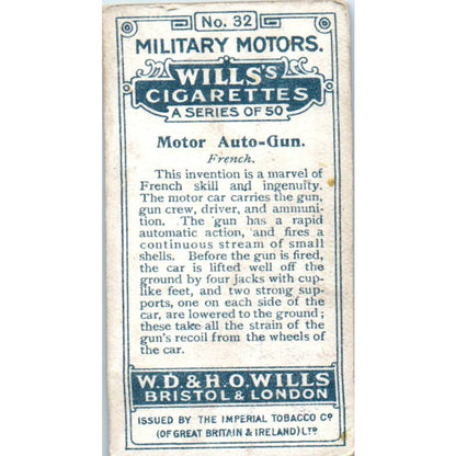 1916 WWI Wills's Cigarette Card Military Motors #32 Motor Auto Gun SE5
