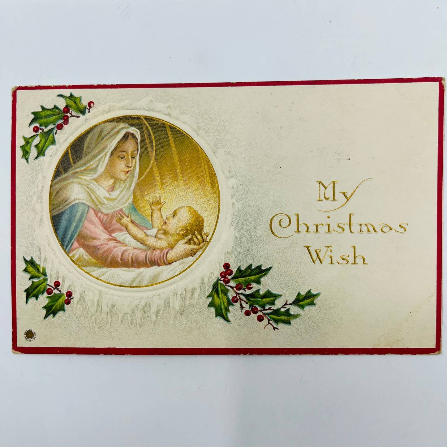 1910s Christmas Post Card Mary Baby Jesus Holly Snow Gilt PA4