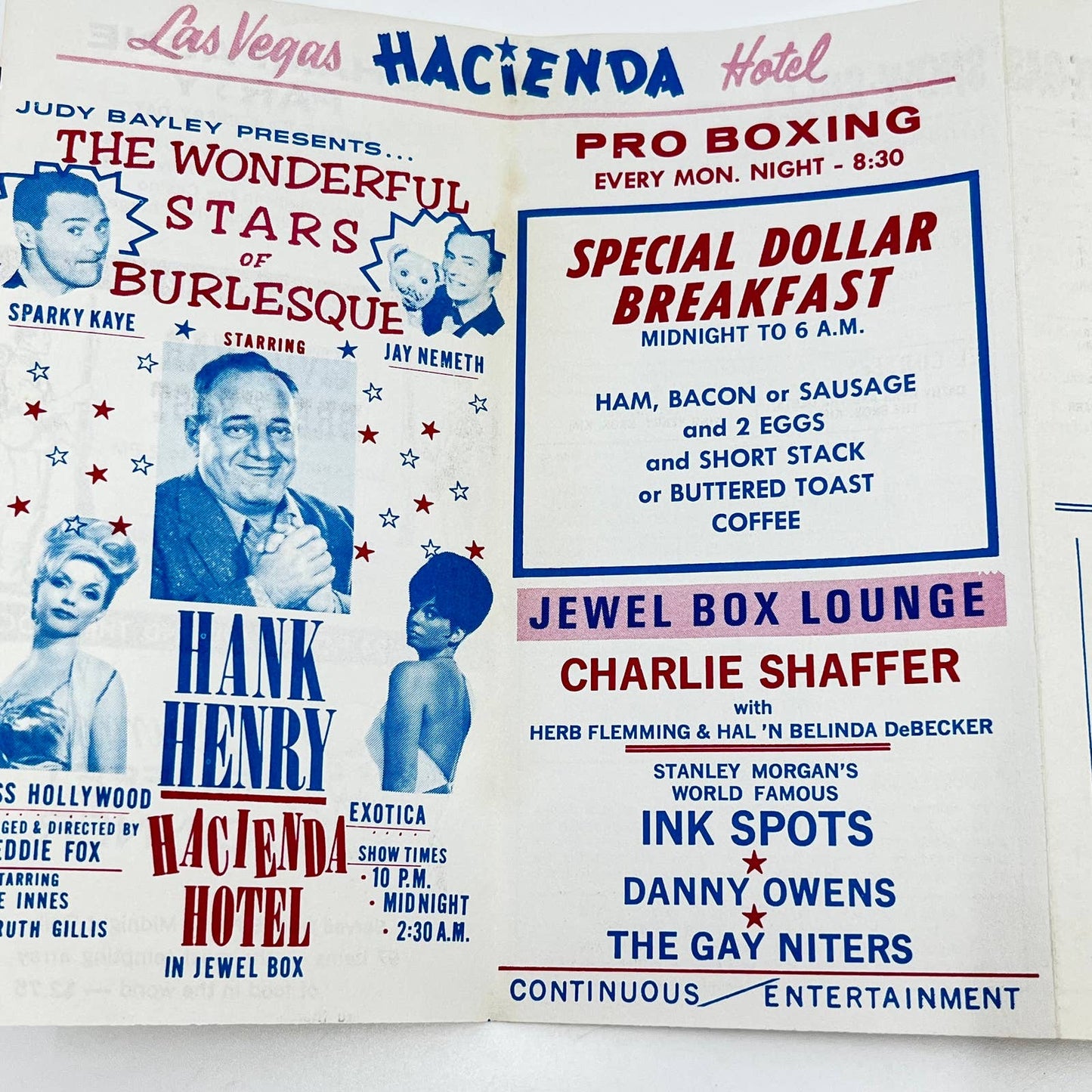 1960s Las Vegas Show Sheet Hacienda Hotel Hank Henry Burlesque Boxing AB2