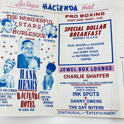 1960s Las Vegas Show Sheet Hacienda Hotel Hank Henry Burlesque Boxing AB2