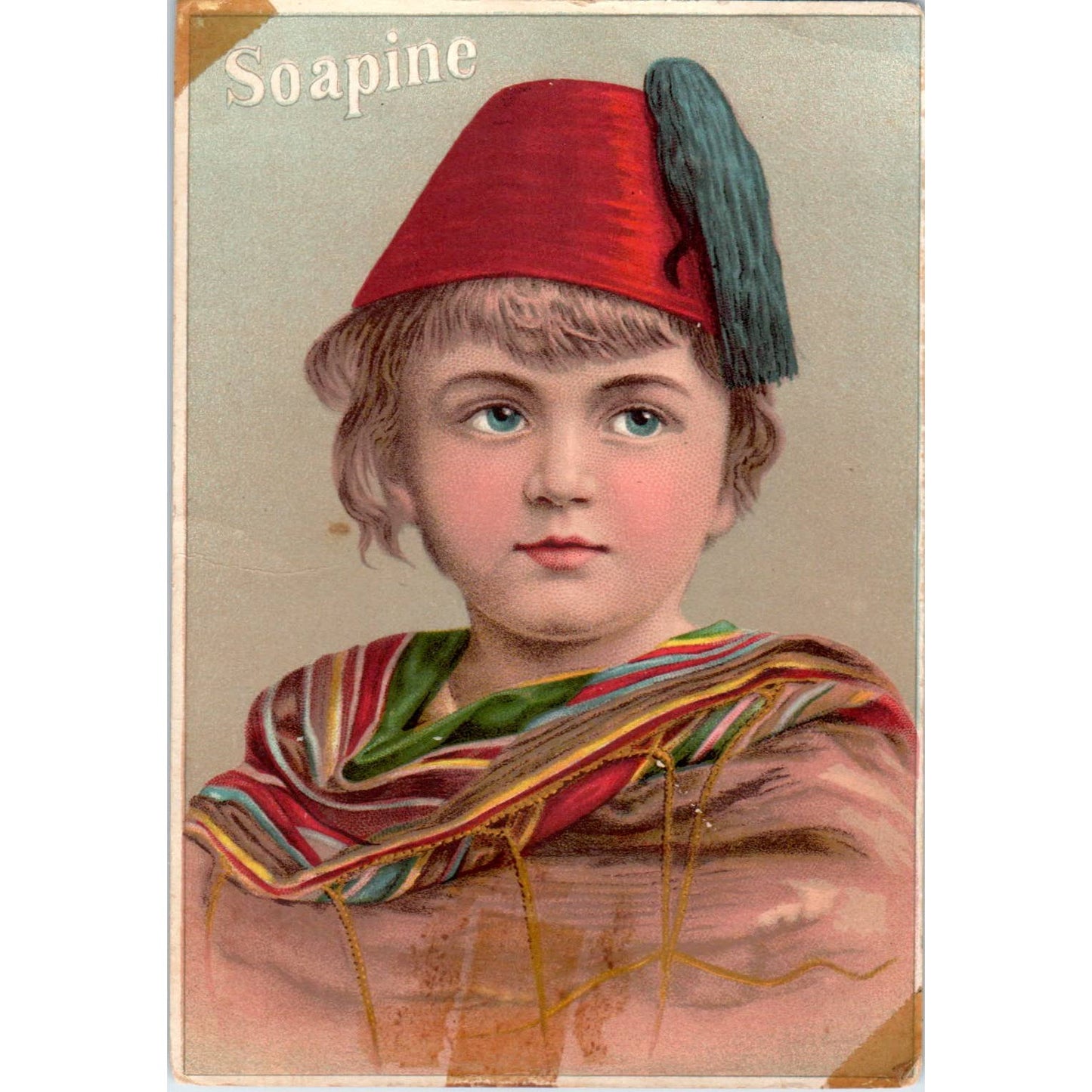 1880s Victorian Trade Card Soapine Kendall Mfg Boy in Fez Hat SE8