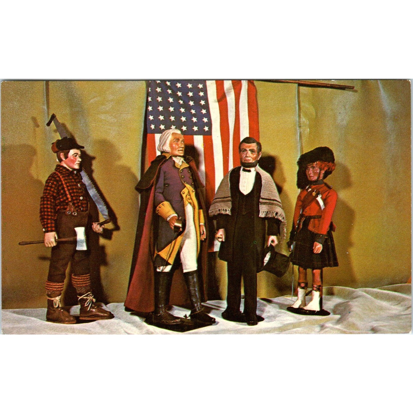 1930s Wood Carved Dolls of Famous Americans Game Lodge Doll House Postcard PB10