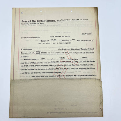 c1910 Lewis E. &  Libby Wescott Land Deed Document Toledo OH AB2