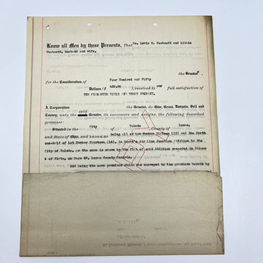 c1910 Lewis E. &  Libby Wescott Land Deed Document Toledo OH AB2