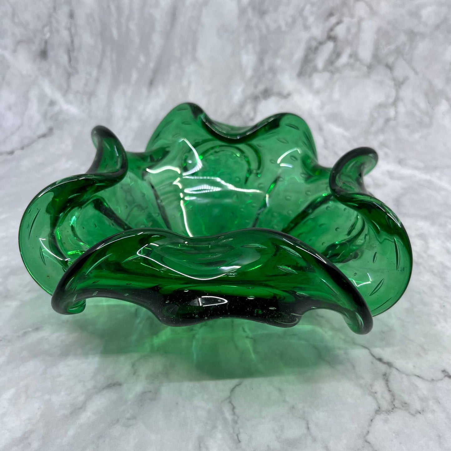 Vintage Emerald Green Swirly Murano Art Glass Bowl Heavy Glass 7" TA2