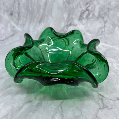 Vintage Emerald Green Swirly Murano Art Glass Bowl Heavy Glass 7" TA2