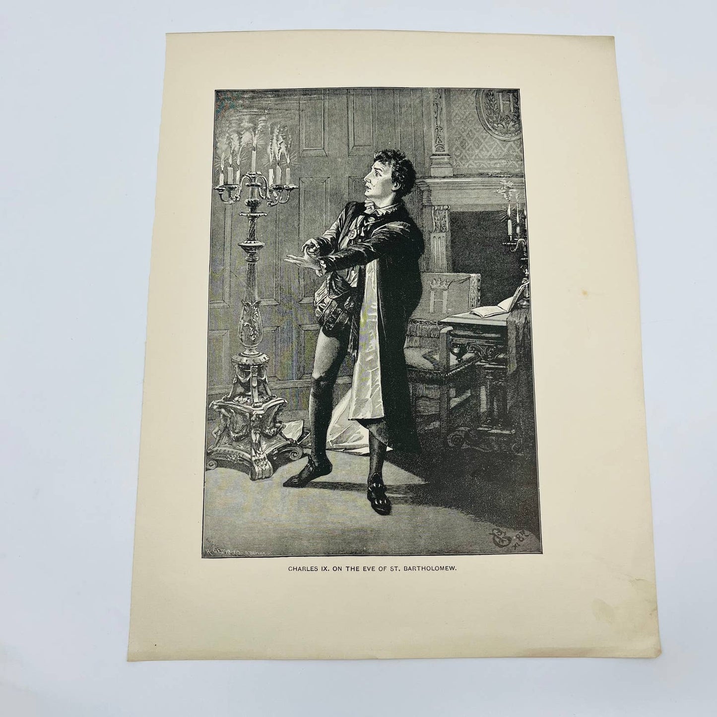 1880s Victorian Art Print Engraving CHARLES IX ON THE EVE OF ST. BARTHOLOMEW