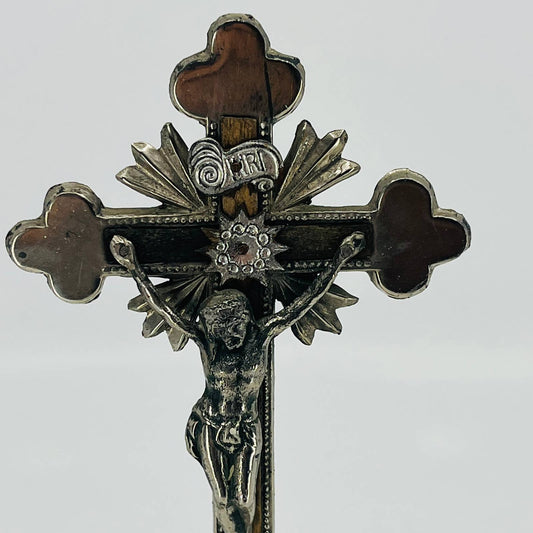 Art Deco Ornate Jesus Christ Table Crucifix Cross Chrome & Wood 8.5” TC4