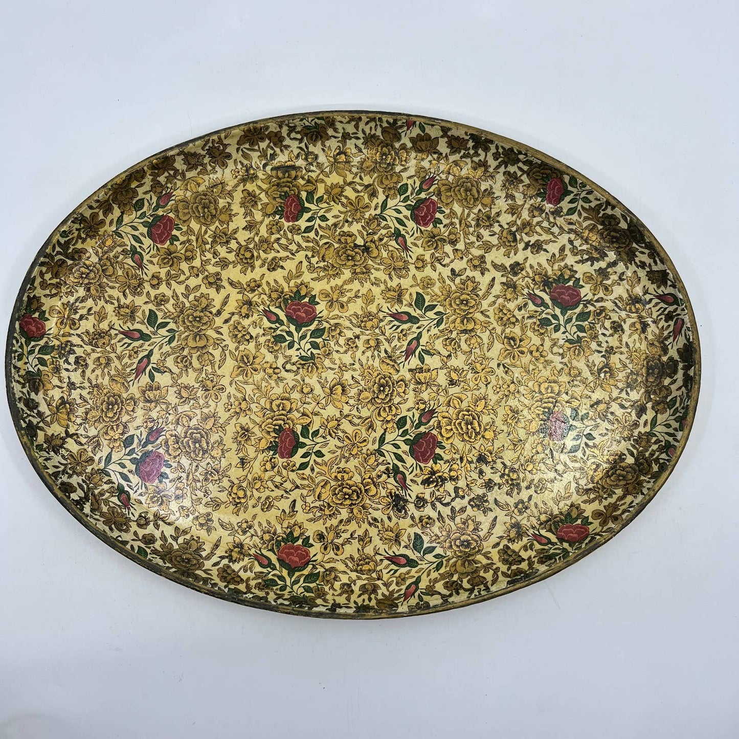Vtg Oval Tray Alcohol Proof Paper Mache Alfred Knobler Highmount Roses 14" TH2