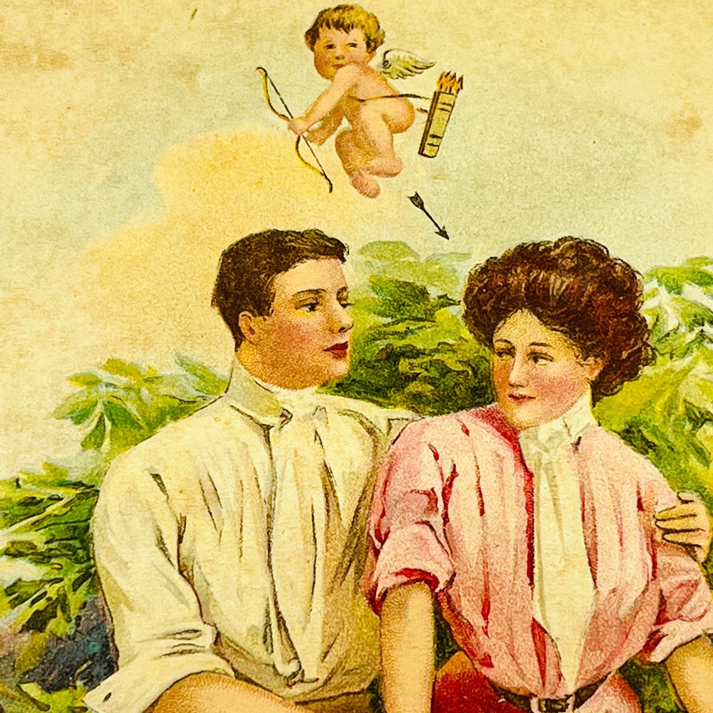 1910s Post Card Romance Illustrated Victorian Couple Cupid Over Shoulder PA6