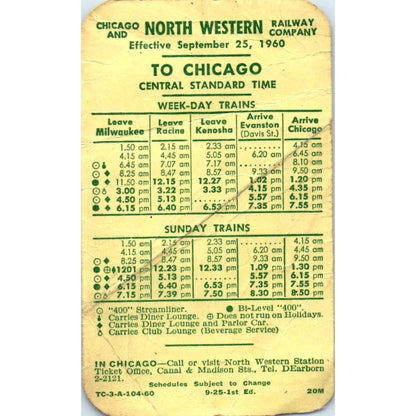 1960 Chicago and Northwestern Railway Company Timetable Card Milwaukee SE4