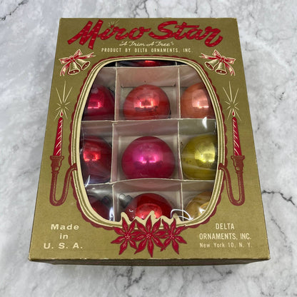 Miro Star 12 Vintage Glass Ornaments With Original Box Red Pink Yellow 2 1/4"